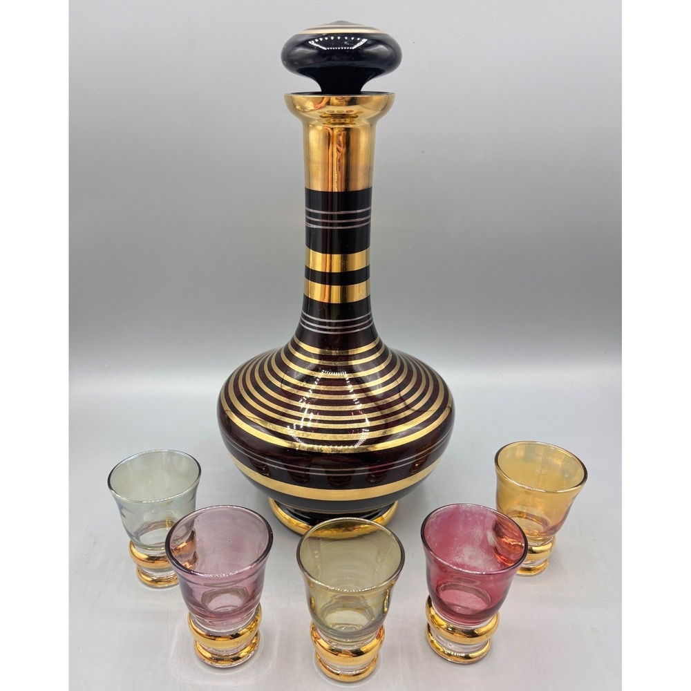 Vtg Bohemian Amethyst Glass Decanter Set Gold 5 Cordial Glasses‎ Barware Boho